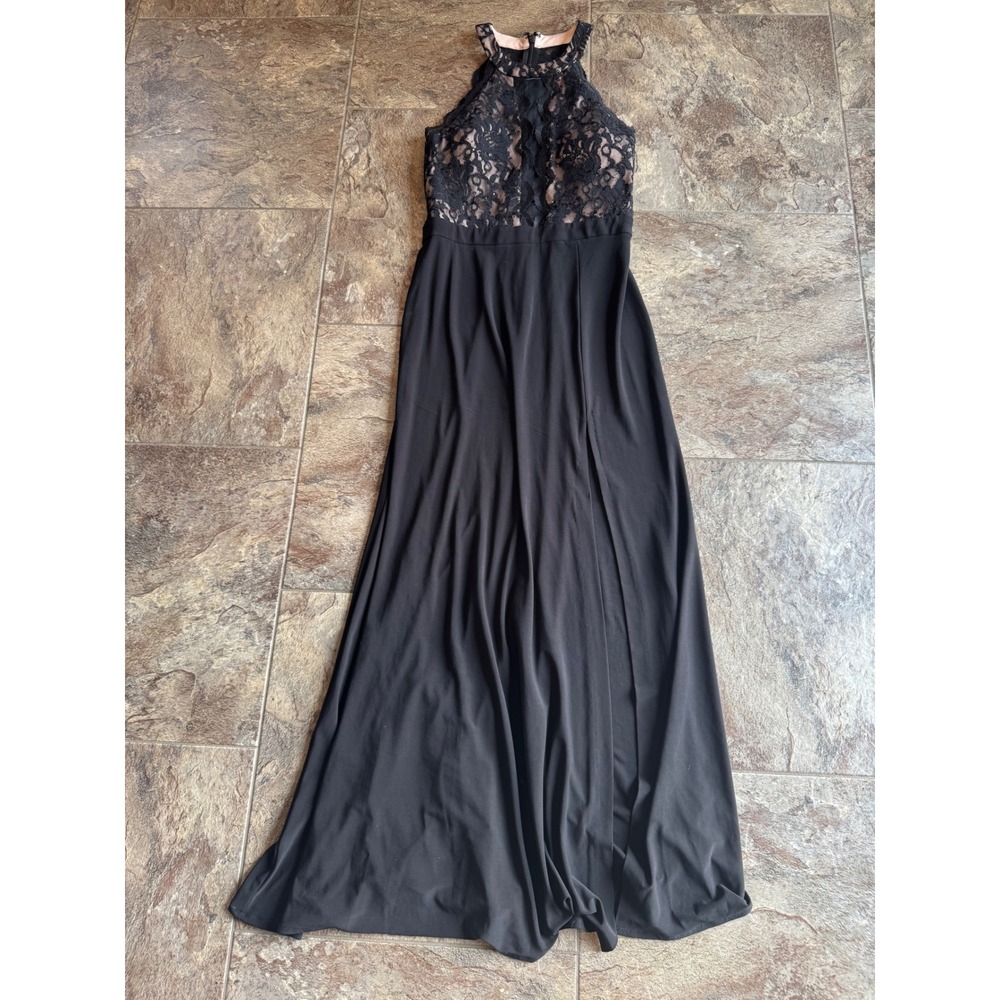 Morgan & Co Black Lace Halter Neck Maxi Dress Formal Evening Gown‎ Size 7